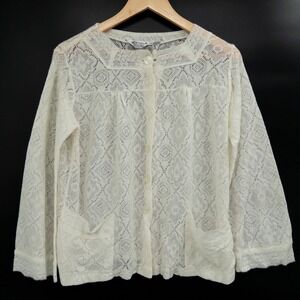 Vintage 70s Cardigan Women M Ivory Lace Knit Sailor Prairie Cottage Romantic